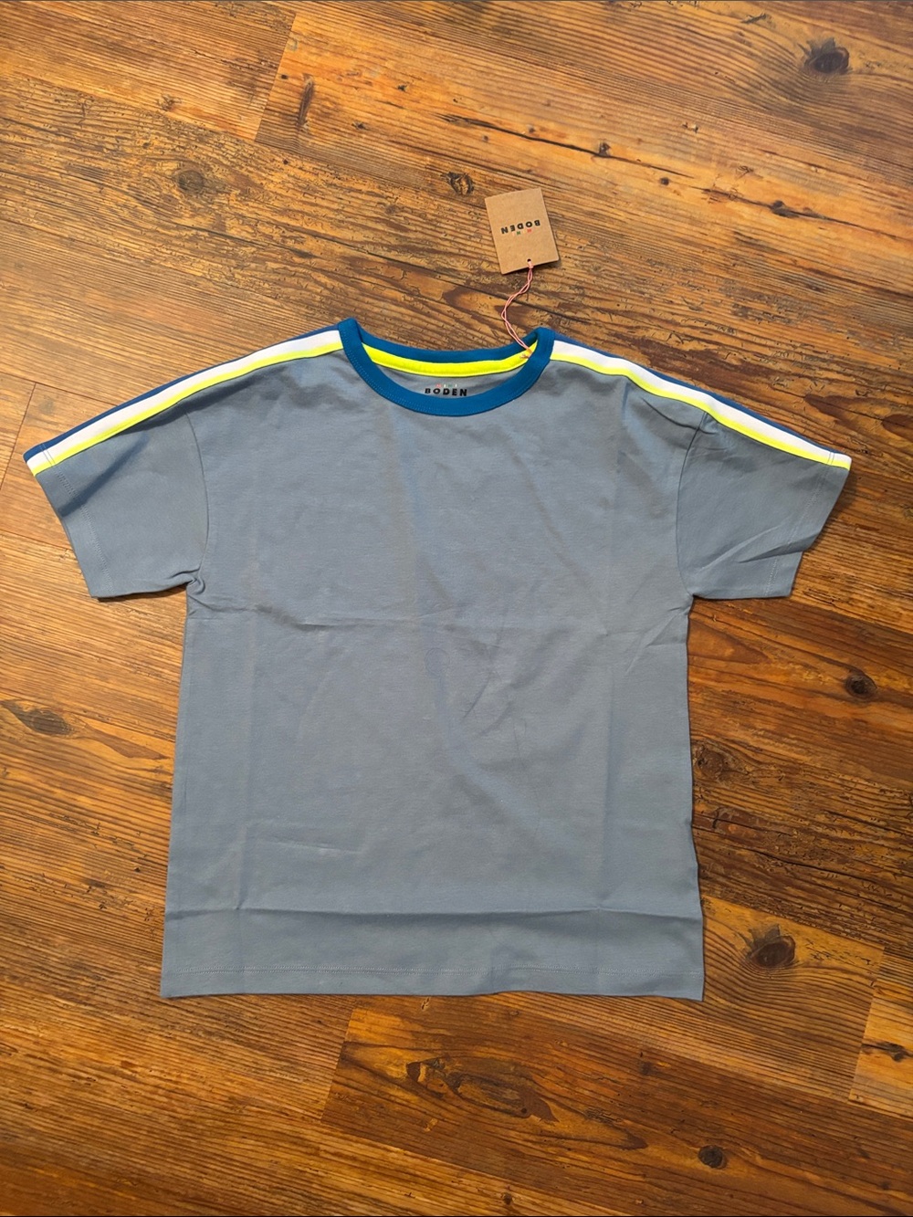 Mini Boden Blue Gray Tee with Blue Neon Yellow & White Shoulder Stripes